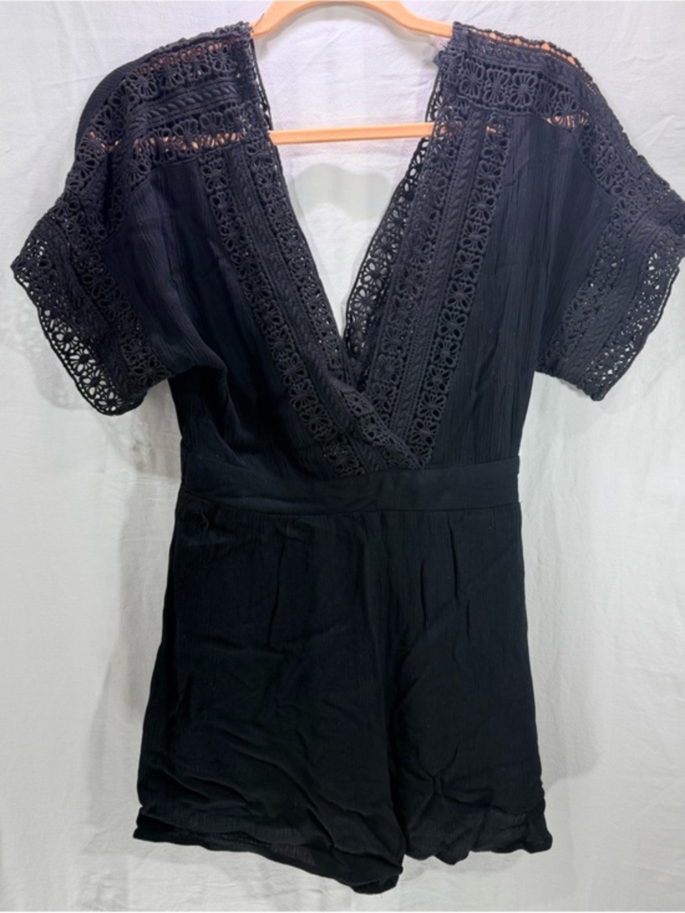 Forever 21 Black Crochet-Lace Trim V-Neck Romper Size M Boho Summer